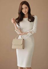 Mosaic Lace-Embellished Sleeves Midi Dress S / White